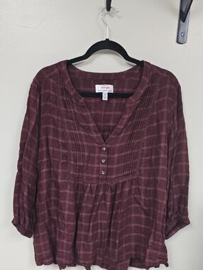 Wrangler Women's Maroon Plaid Peasant Blouse